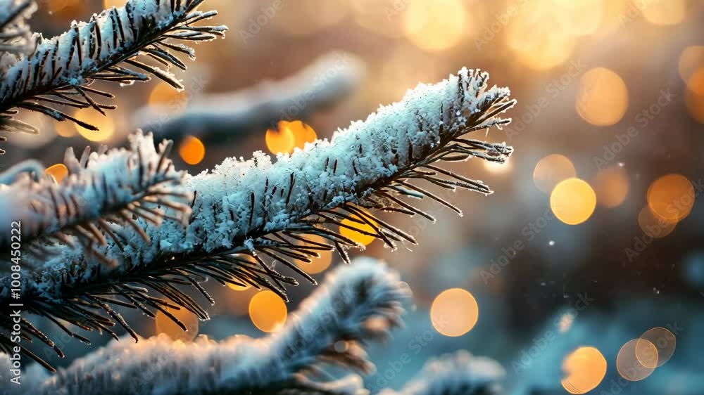 Poster a close-up view of a pine branch covered in snow, with golden bokeh lights in the background