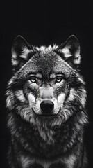 Portrait of a wolf, looking at the camera, against a black background