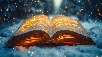 An open book emitting a magical glow in a snowy forest, evoking a sense of fantasy and wonder. © Dougie C