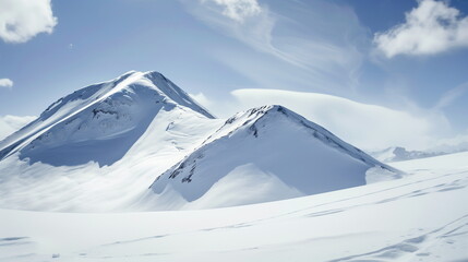 Photography backdrop of beautiful snow-capped mountain scene with white clouds in the sky. High altitude. Winter. Panoramic view, hyper-realistic, airy atmosphere, wide-angle. 