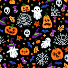 Fototapeta premium Halloween childish pumpkin background with ghost, web and bat seamless pattern. Children witch background with magical things