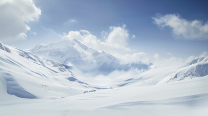 Obraz premium Photography backdrop of beautiful snow-capped mountain scene with white clouds in the sky. High altitude. Winter. Panoramic view, hyper-realistic, airy atmosphere, wide-angle. 