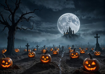 Eerie Halloween Night: Jack-o'-lanterns Illuminate a Haunted Graveyard Under a Full Moon, with a Mysterious Castle Silhouetted on a Misty Hillside