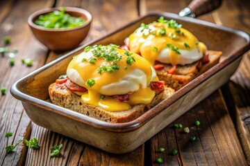 Indulge in a charming baking dish of golden oats paired with vibrant eggs Benedict on toast, complete with a delightful, flowing yolk for savory perfection.