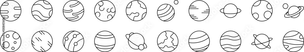 Poster planets and celestial bodies simple isolated line icons collection. editable stroke. suitable for we