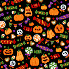 Seamless childish pattern of Halloween characters pumpkin and sweets with trick or treat candies. Many types spooky dessert.