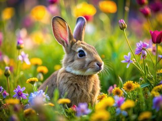 Obraz premium Cute rabbit resting peacefully in a lush green meadow surrounded by colorful wildflowers in nature