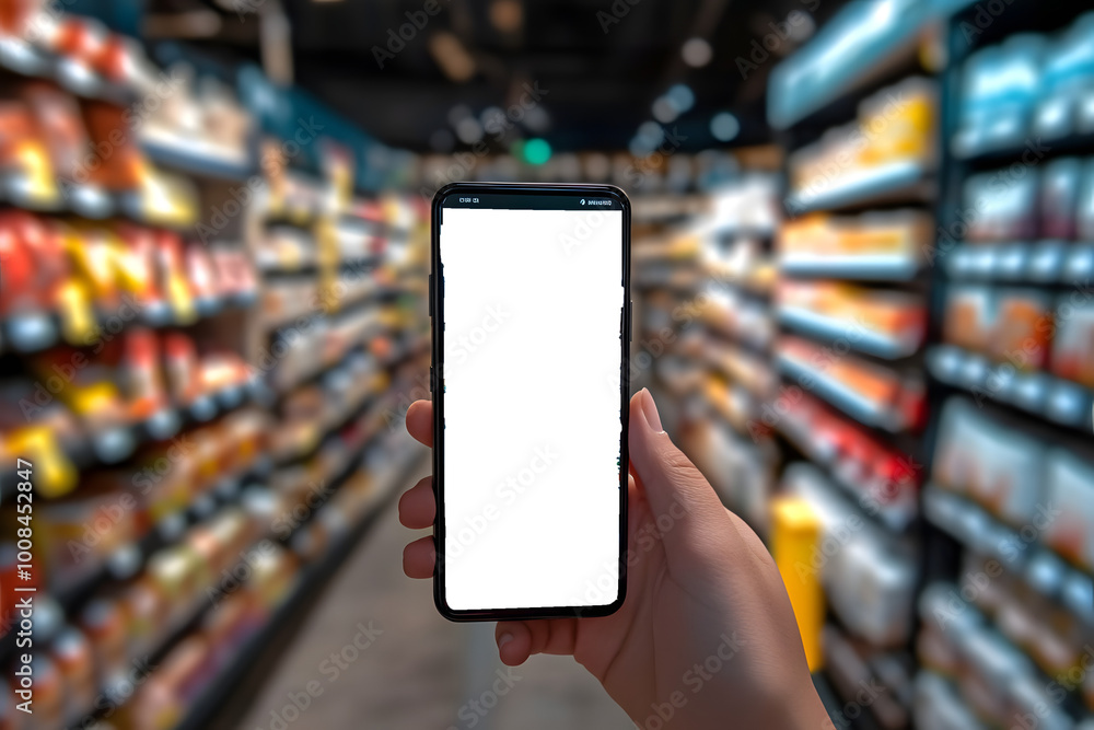 Poster a person is using a smartphone with an augmented reality app to enhance their shopping experience in