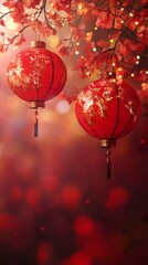 Two red lanterns hanging amidst autumn leaves and soft lighting.