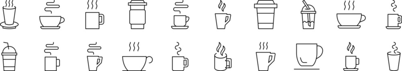 Coffee or Tea Cup Thin Icons Collection. Editable Stroke. Suitable for Web Sites, Books, Cards, Apps