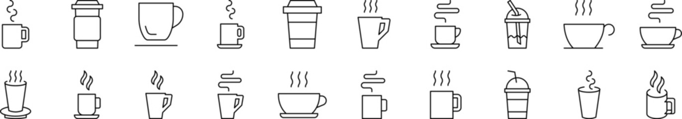 Coffee or Tea Cup Icon Set for UI, Placards, Books, Apps. Editable Stroke. Suitable for Web Sites, Books, Cards, Apps