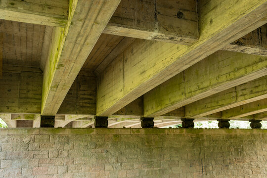 Beam and slab concrete road bridge seen from below. Standard precast prestressed concrete beams on supporting piers linked by black rubber bearings