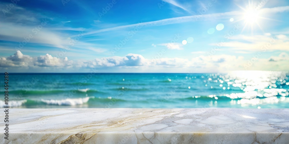 Aufkleber a tranquil summer backdrop with an empty marble table, complemented by soft bokeh of the sea and sky