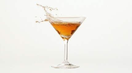 Ethereal Elixir: Captivating crystal-clear glass with liquid splash and suspended garnishes in mid-air on a minimalist white backdrop, surreal photography.