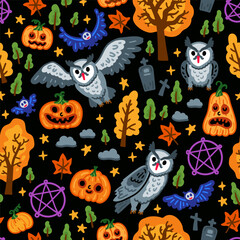 Halloween childish pumpkin background with owl and bat seamless pattern. Children witch background with magical things