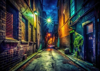 Fototapeta premium Dark Urban Alley at Night with Mysterious Shadows and Gritty Atmosphere for Crime Thriller Themes