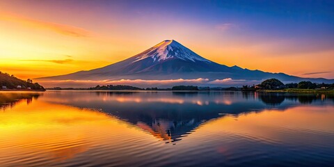 Fototapeta premium Majestic Mount Fuji mirrors perfectly on the calm surface of Lake Suwa, bathed in the gentle glow of tranquil early morning light, creating a serene scene.