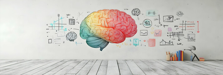 Illustration - Colorful Brain with Charts and Graphs on Wall