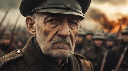 Obraz premium An elderly commander stands firm, his weathered face reflecting years of experience and wisdom as he faces the looming threat of battle, surrounded by loyal soldiers preparing for war