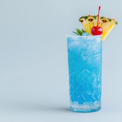 Bright and Colorful Tropical Cocktail with Pineapple and Cherry Garnish in Tiki Glass on White Background