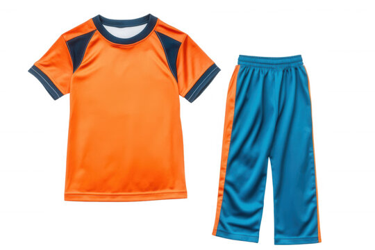 Orange sportswear set, shirt and pants, white isolate background.