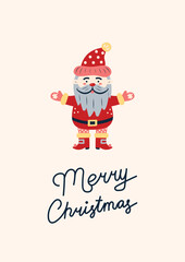 Merry Christmas Card with Santa Claus. Greeting card on light beige background. Christmas and New Year. Vector illustration.
