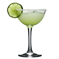 Refreshing Margarita Cocktail with Lime Garnish and Salted Rim on White Background
