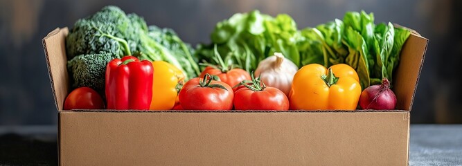cardboard container filled with food. Fruits and vegetables in a cardboard box.food delivery