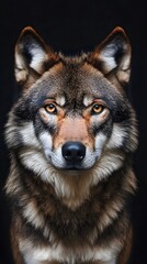 Portrait of a wolf, looking at the camera, against a black background