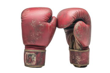 Vintage boxing gloves with worn leather, isolated on a white background.