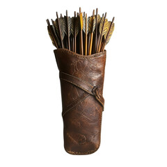Vintage leather quiver filled with arrows, isolated on white background.