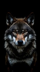 Obraz premium Portrait of a wolf, looking at the camera, against a black background
