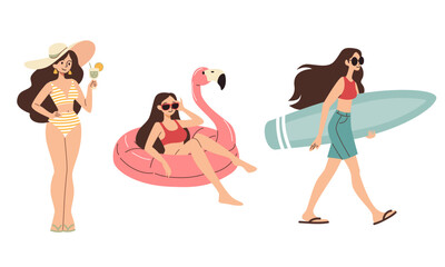 Set of flat vector illustrations. Cute girls in swimsuits are having a beach holiday. Flamingos swim on an inflatable ring, carry a surfboard and drink a cocktail. Vector illustration