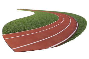 Curved running track with green grass on a bright sunny day.