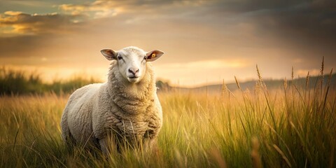 Fototapeta premium A solitary sheep stands tall in a field of golden grass, bathed in the warm glow of a setting sun, creating a peaceful and serene atmosphere.