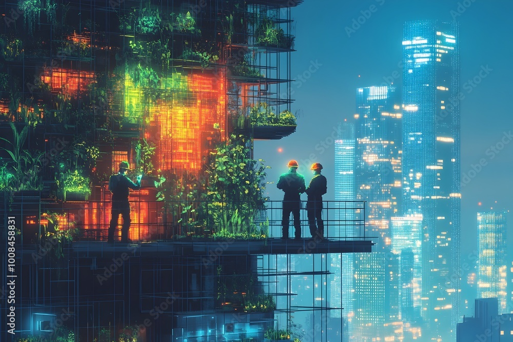 Aufkleber 8 bit engineers construct futuristic eco friendly building using holographic plant models in retro