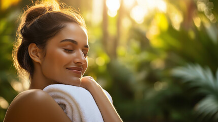 Peaceful Woman with Towel in Tropical Sunlight