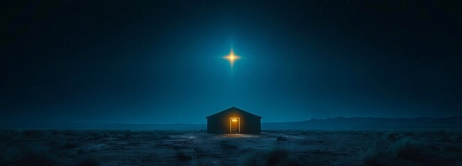 The image of Jesus Christ's Christmas night is softly illuminated by the twinkling stars forming a cross and a small hamlet.