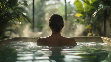 Woman Relaxing in Jacuzzi with Lush Tropical View