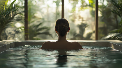 Woman Relaxing in Jacuzzi with Tropical View