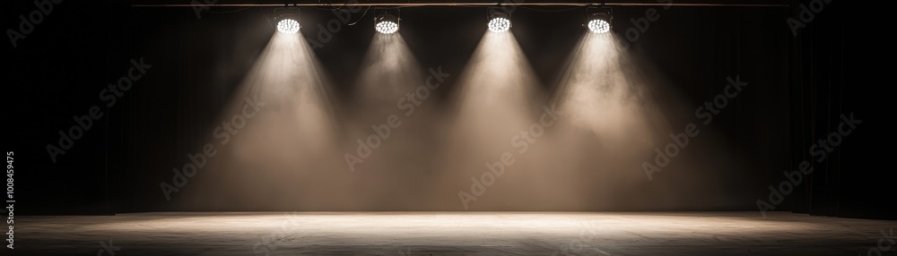 Poster stage lights illuminating an empty space with a smoky atmosphere.
