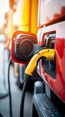 Electric vehicles at a logistics hub fast charging station, showcasing clean energy use in corporate transportation, with large copy space for messaging.