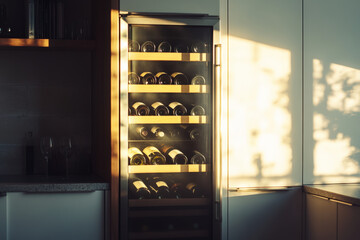Modern wine cooler fridge filled with wine bottles is standing in a kitchen and is bathed in warm sunset light