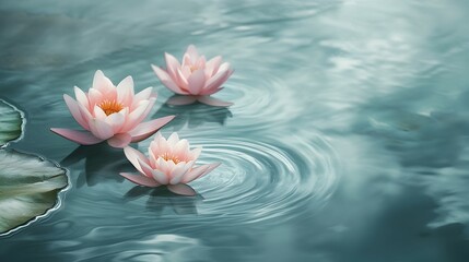 Peaceful Lotus Flowers Floating in Serene Water with Rippling Reflections