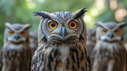 a comical lineup of owls wearing graduation caps standing shoulder to shoulder against a soft neutral background embodying wisdom and achievement in a lighthearted and whimsical manner