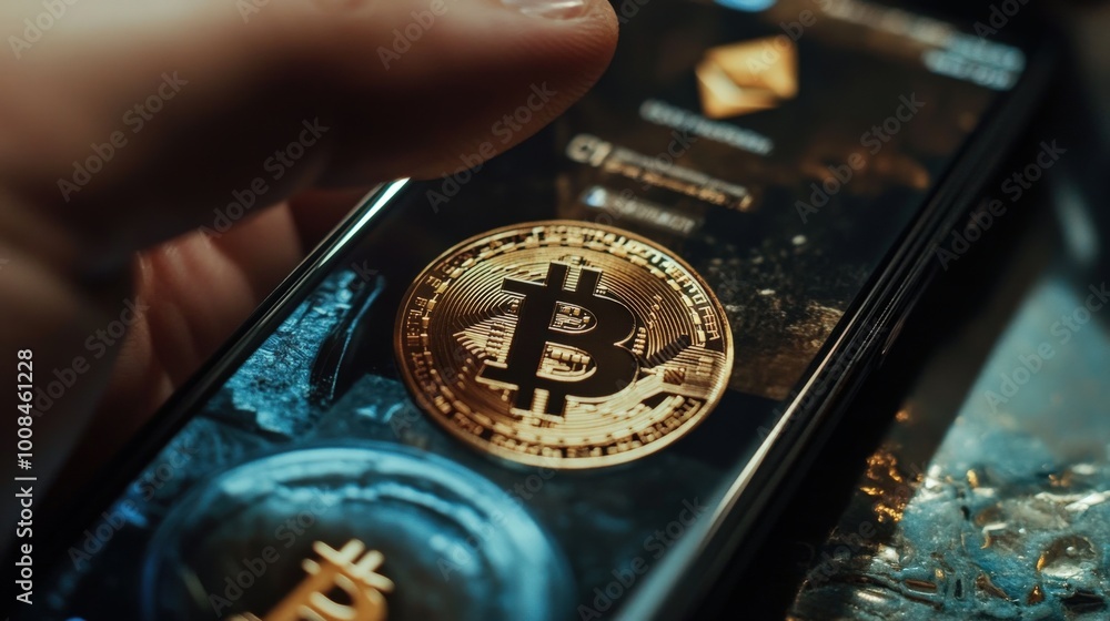 Poster a user engages in a bitcoin transaction on their smartphone, showcasing the vibrant digital currency