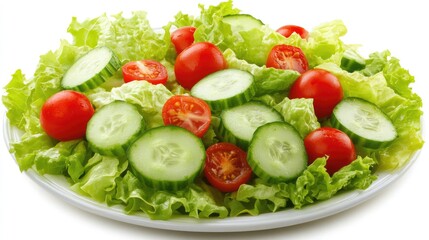 A colorful side salad with fresh greens, cherry tomatoes, and cucumbers on a ceramic plate