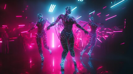 Futuristic Cyborg Figures Immersed in Vivid Neon Lights and Digital Technology