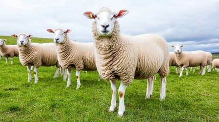 Obraz premium A dense flock of sheep grazing in a wide, green pasture, stretching across the horizon