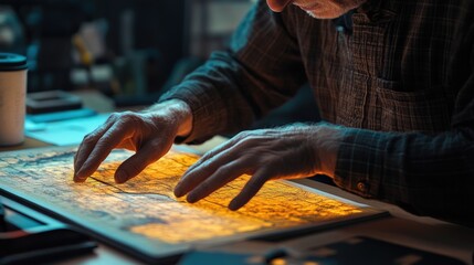 A blind man uses his hands to explore a tactile map illuminated from beneath, focusing intently as he learns about geography and spatial awareness